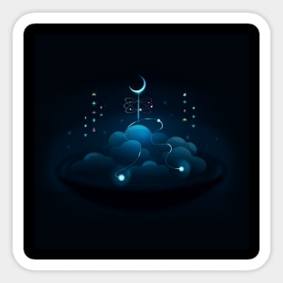 Fantasy dark beautiful night, moon, needle, and clouds on a plate. Digital art illustration. Sticker